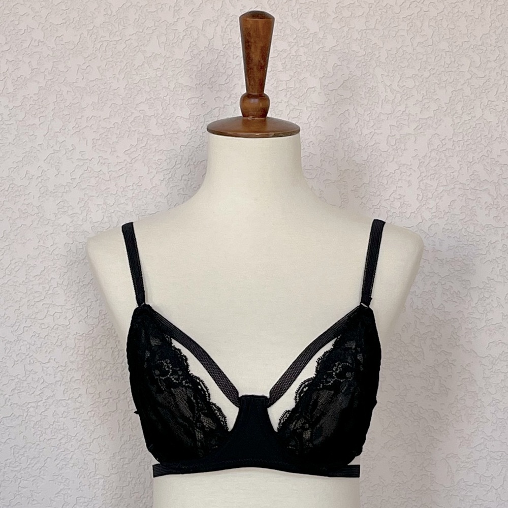Intimately by Free People strappy black lace bra with statement “V” design front